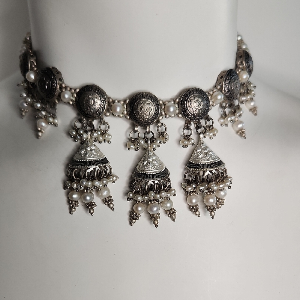 Vintage Silver and Pearl Handmade Bollywood Chocker / Necklace 1950's